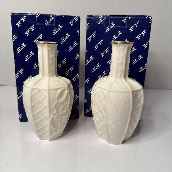 Fitz and Floyd Essentials Botanical Collection Trellis Vase Ivory Gold Rim Set 2 - Picture 2 of 6